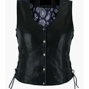 WOMEN’S MOTORCYCLE VEST – PURPLE PAISLEY LINING WITH SIDE LACES