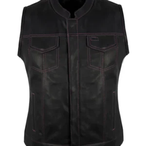 WOMEN’S MOTORCYCLE CLUB VEST – PREMIUM COWHIDE WITH PURPLE STITCHING & PAISLEY LINING
