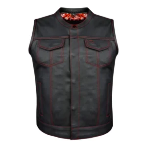 WOMEN’S MOTORCYCLE CLUB VEST – PREMIUM COWHIDE, RED STITCHING & PAISLEY LINING