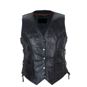 WOMEN’S 7-POCKET COWHIDE LEATHER MOTORCYCLE VEST WITH SIDE LACES